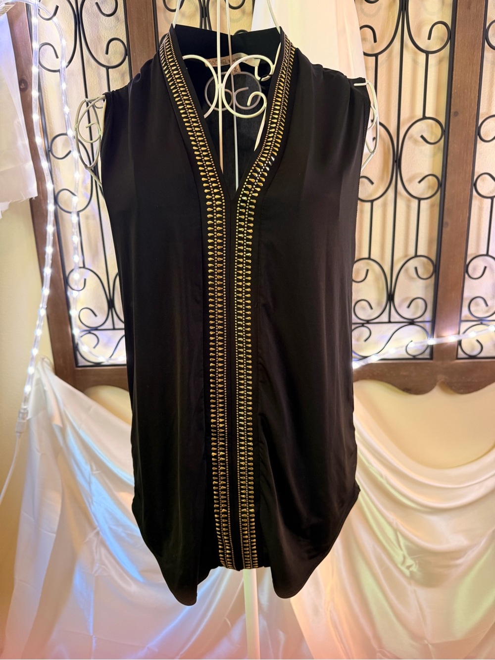 RACHEL Rachel Roy Black Sleeveless V-Neck Tank with Gold Embellished Trim